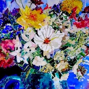 Vintage Original Watercolor of Flowers in Blue Vase in Home and Living